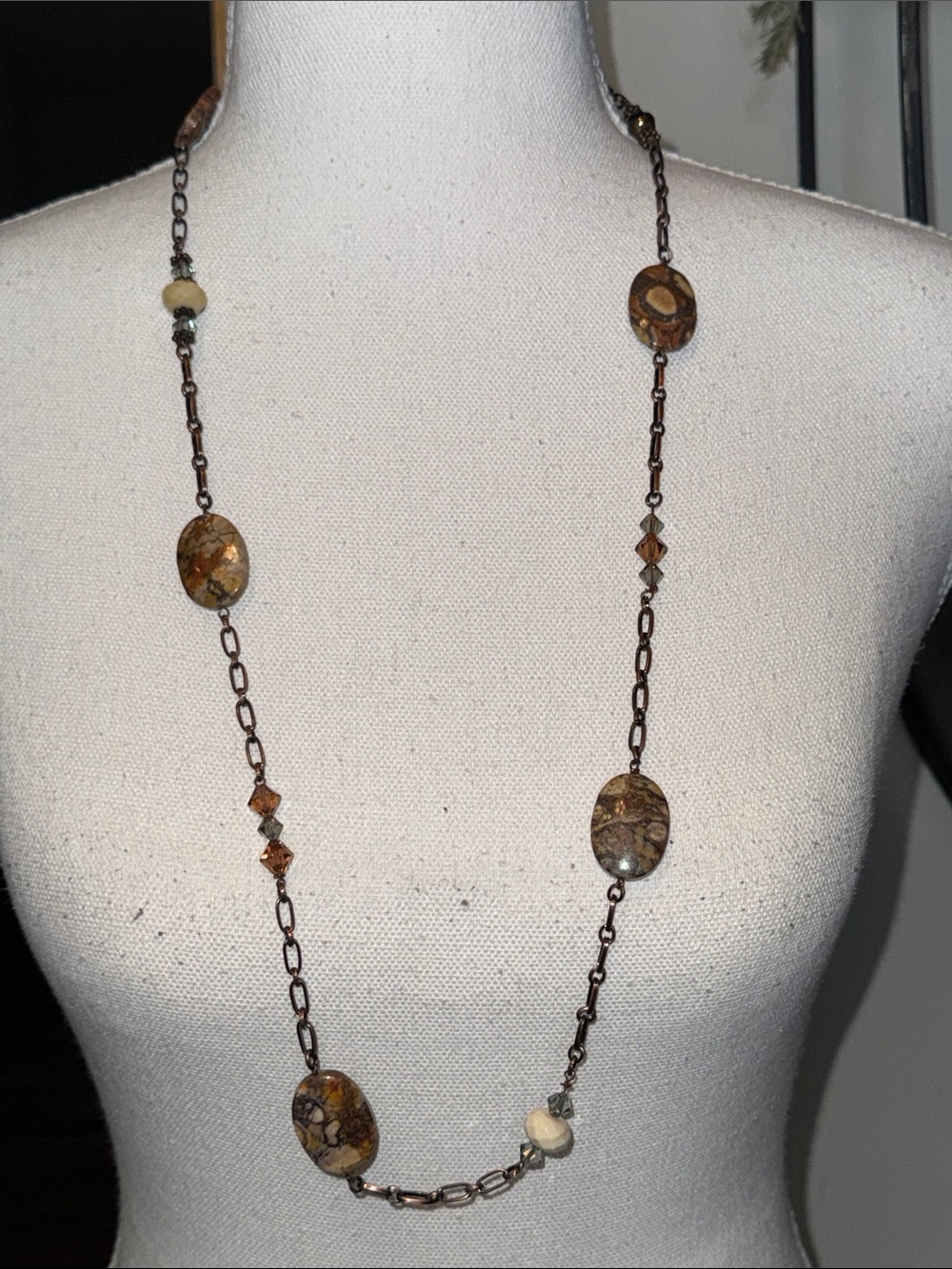 New Earth-Tone Beaded Necklace - Brown and Cream- 33” length